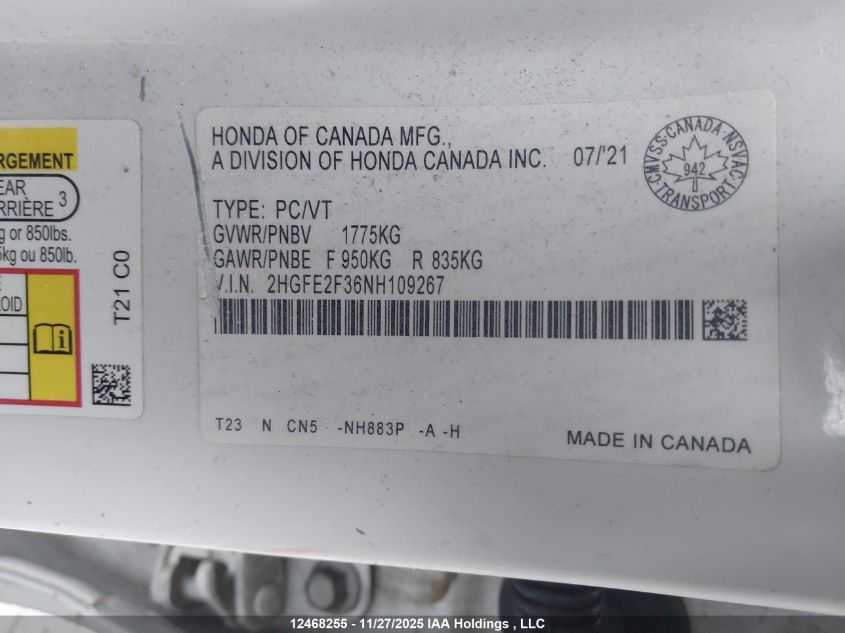 2022 Honda Civic Ex VIN: 2HGFE2F36NH109267 Lot: 12468255