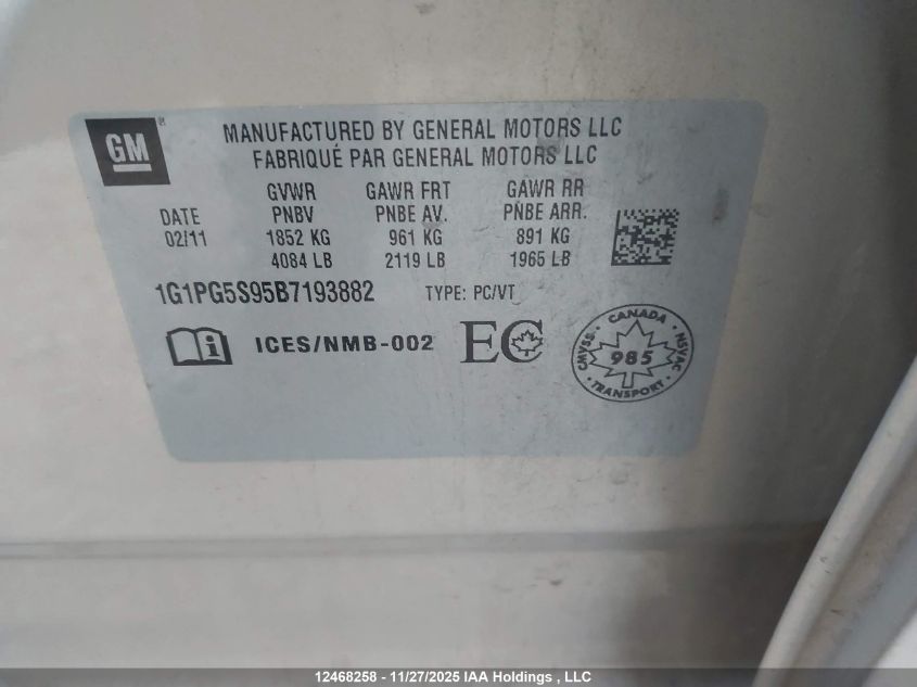 2011 Chevrolet Cruze VIN: 1G1PG5S95B7193882 Lot: 12468258