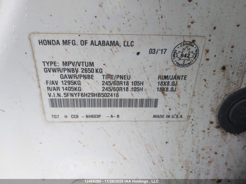 2017 Honda Pilot Lx VIN: 5FNYF6H29HB502416 Lot: 12468260