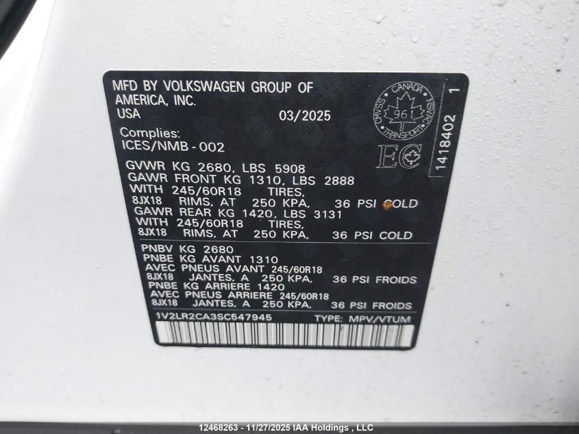 2025 Volkswagen Atlas Se VIN: 1V2LR2CA3SC547945 Lot: 12468263