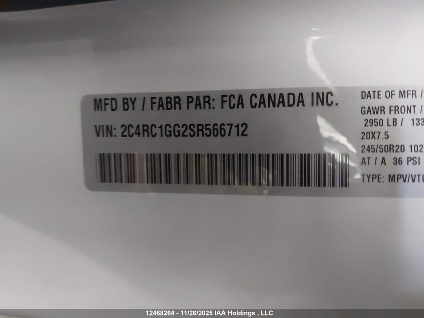 2025 Chrysler Pacifica Limited VIN: 2C4RC1GG2SR566712 Lot: 12468264