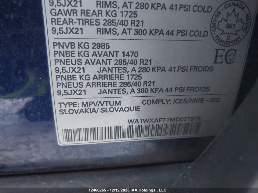 2021 Audi Q7 55 Technik VIN: WA1WXAF71MD027975 Lot: 12468265