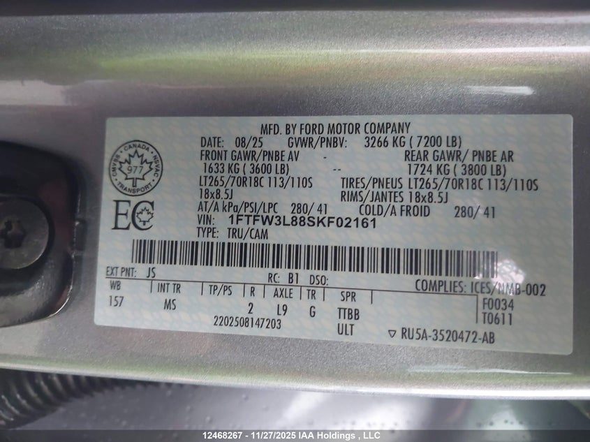 2025 Ford F150 Xlt VIN: 1FTFW3L88SKF02161 Lot: 12468267