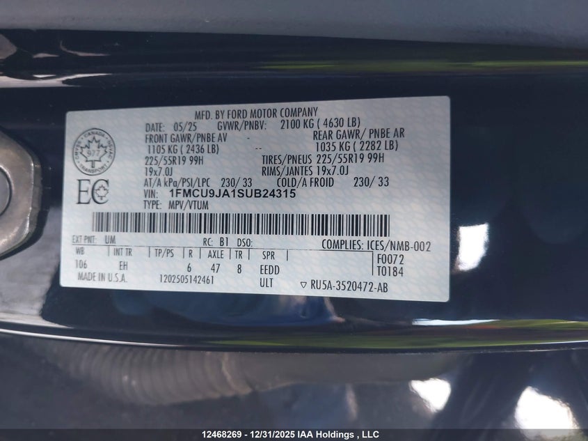 2025 Ford Escape Platinum VIN: 1FMCU9JA1SUB24315 Lot: 12468269