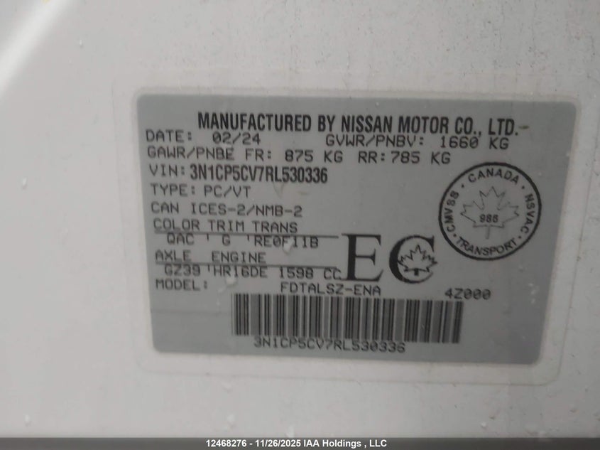 2024 Nissan Kicks Sv VIN: 3N1CP5CV7RL530336 Lot: 12468276