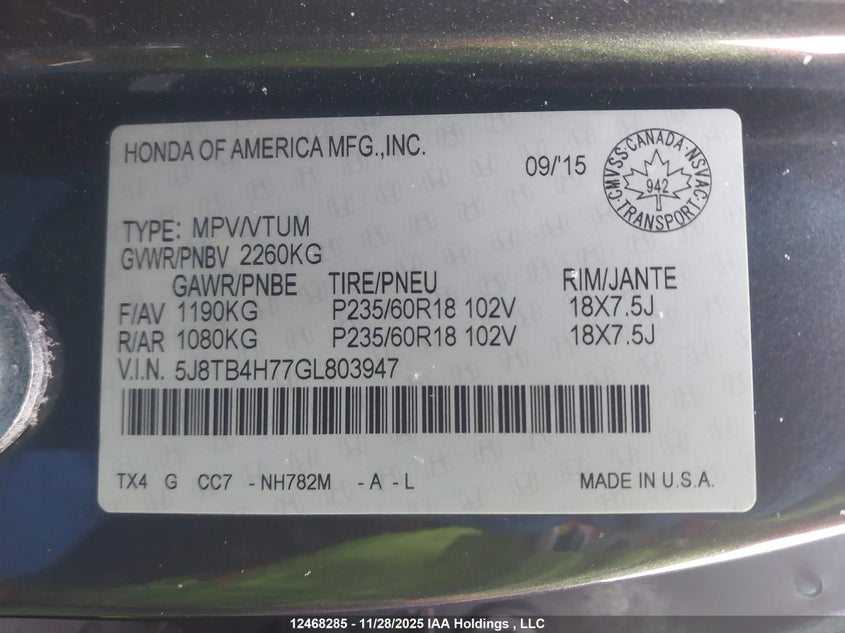5J8TB4H77GL803947 2016 ACURA RDX photo no. 9