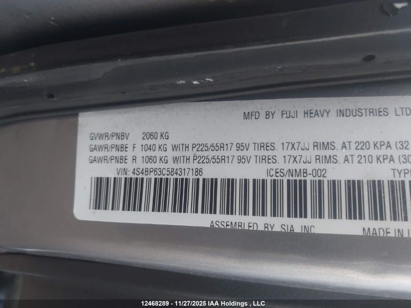 2008 Subaru Outback 2.5 Xt VIN: 4S4BP63C584317186 Lot: 12468289