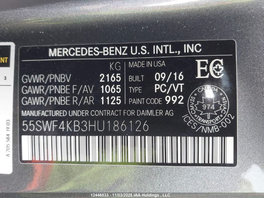 2017 Mercedes-Benz C 300 4Matic VIN: 55SWF4KB3HU186126 Lot: 12446833X