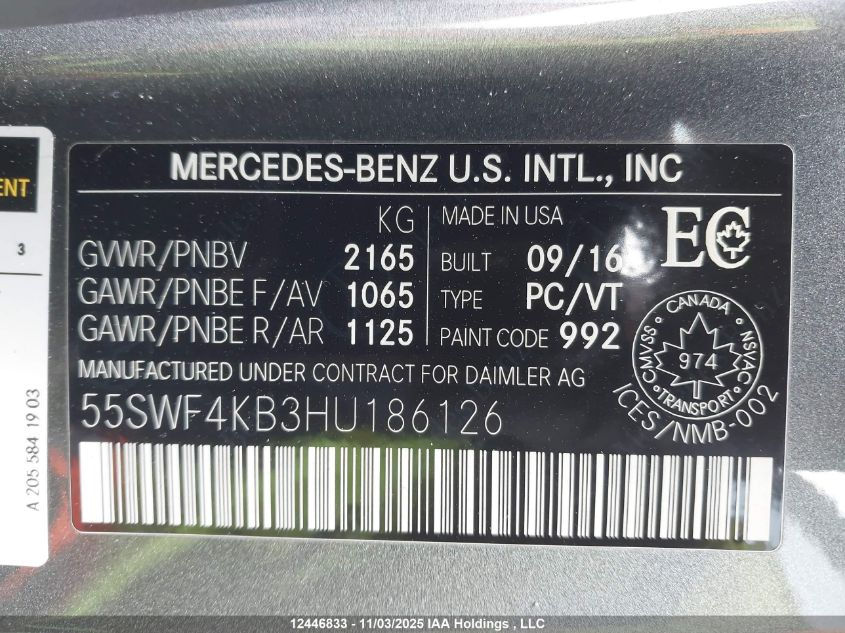 2017 Mercedes-Benz C 300 4Matic VIN: 55SWF4KB3HU186126 Lot: 12446833X