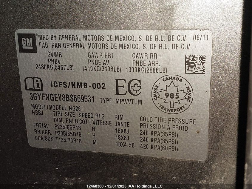 2011 Cadillac Srx V6 4Dr 2Wd VIN: 3GYFNGEY8BS669531 Lot: 12468300