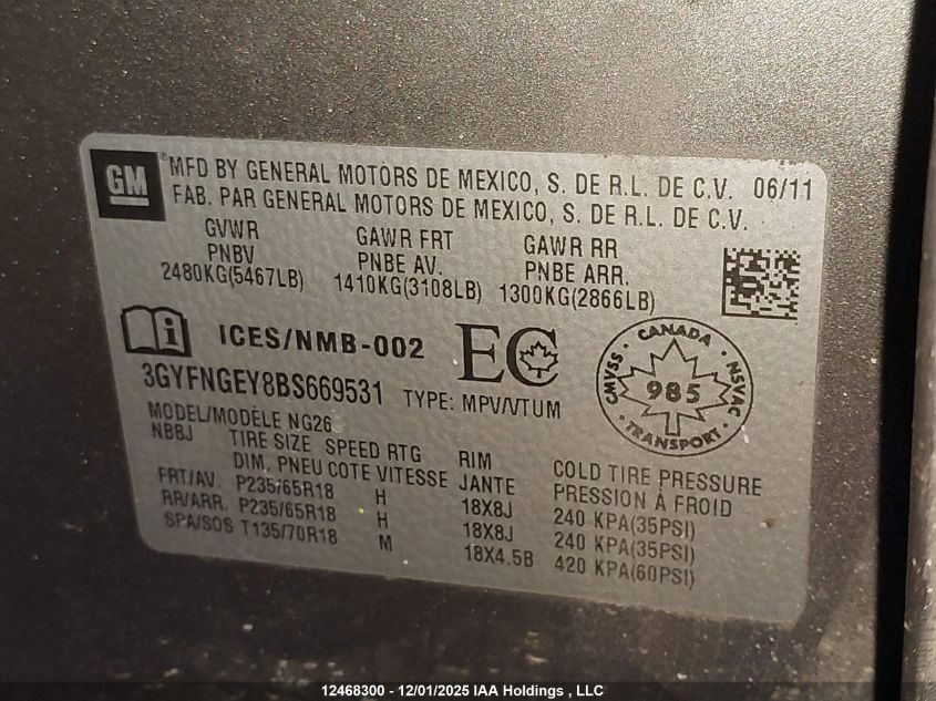 2011 Cadillac Srx V6 4Dr 2Wd VIN: 3GYFNGEY8BS669531 Lot: 12468300