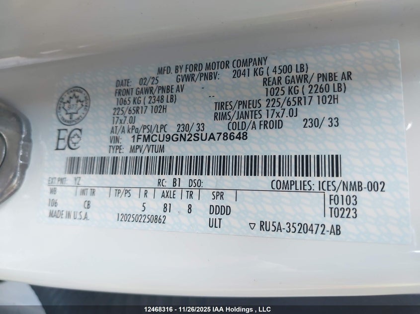 1FMCU9GN2SUA78648 2025 FORD ESCAPE photo no. 9