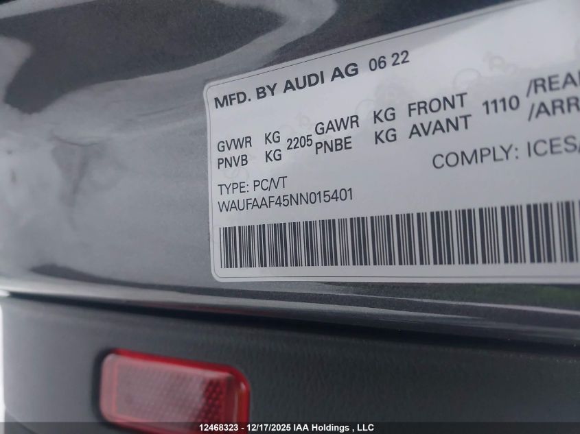 2022 Audi A4 Prestige 45 VIN: WAUFAAF45NN015401 Lot: 12468323