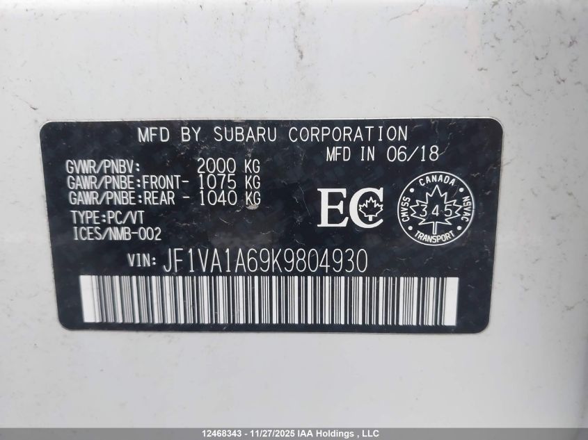 2019 Subaru Wrx VIN: JF1VA1A69K9804930 Lot: 12468343