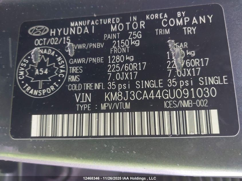 2016 Hyundai Tucson Limited/Sport And Eco/Se VIN: KM8J3CA44GU091030 Lot: 12468346