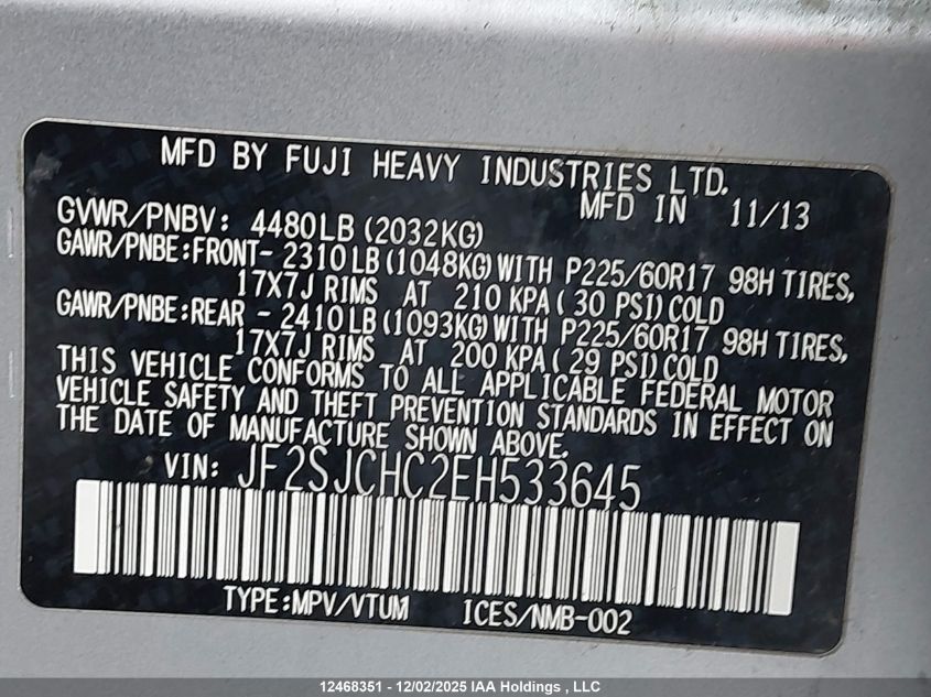 2014 Subaru Forester VIN: JF2SJCHC2EH533645 Lot: 12468351