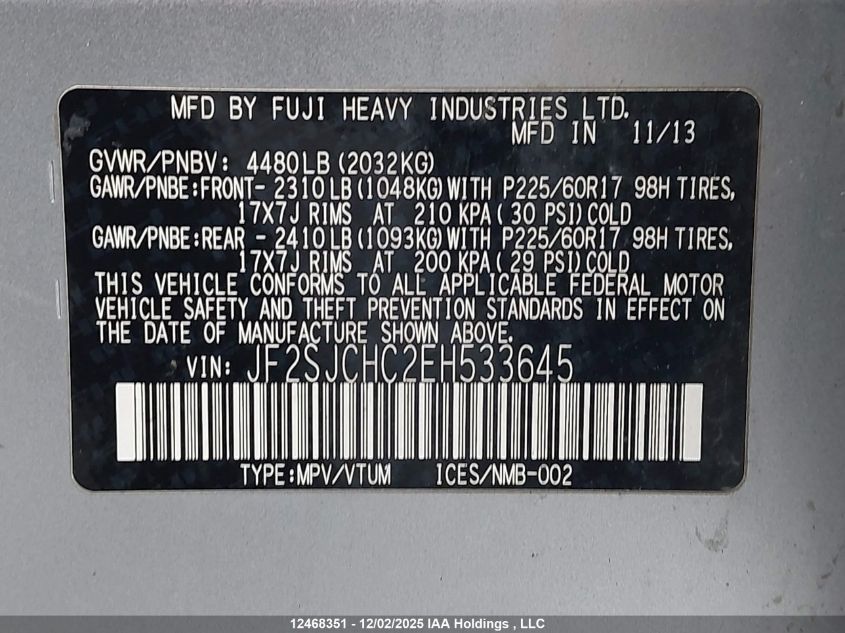 2014 Subaru Forester VIN: JF2SJCHC2EH533645 Lot: 12468351