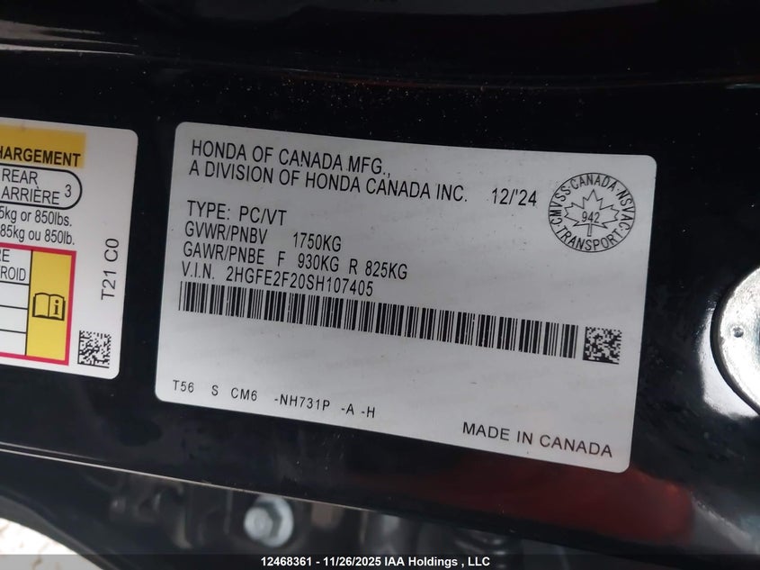 2025 Honda Civic Lx VIN: 2HGFE2F20SH107405 Lot: 12468361