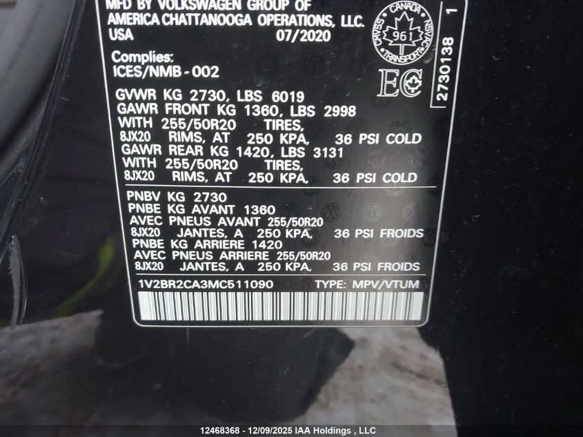 2021 Volkswagen Atlas Sel VIN: 1V2BR2CA3MC511090 Lot: 12468368