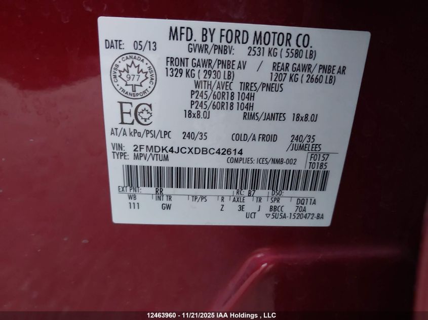 2013 Ford Edge Sel VIN: 2FMDK4JCXDBC42614 Lot: 12463960X