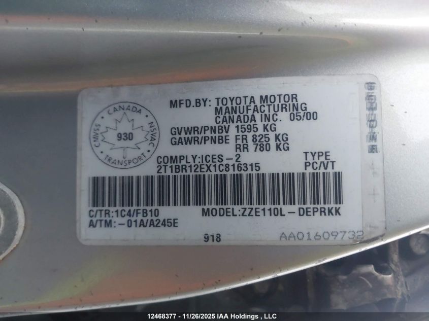 2001 Toyota Corolla Ce/Le/Sport VIN: 2T1BR12EX1C816315 Lot: 12468377