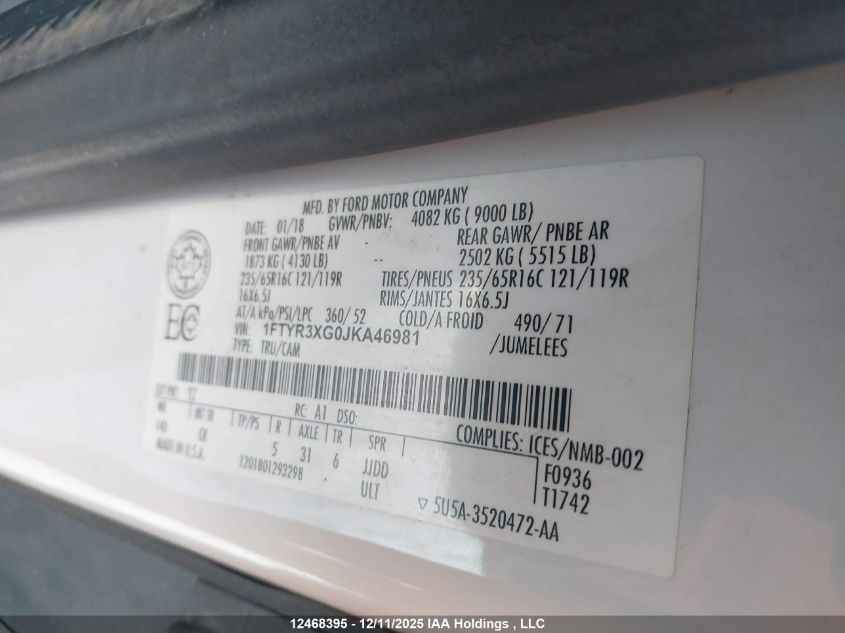 2018 Ford Transit-250 VIN: 1FTYR3XG0JKA46981 Lot: 12468395