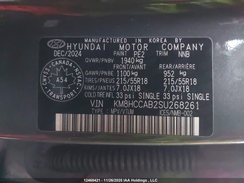 2025 Hyundai Kona Sel VIN: KM8HCCAB2SU268261 Lot: 12468421