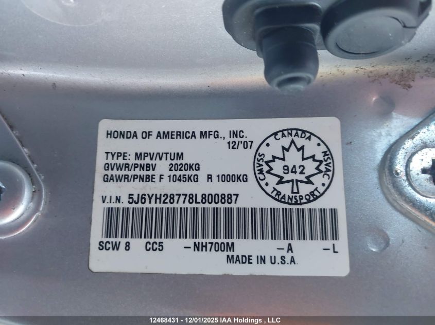 2008 Honda Element VIN: 5J6YH28778L800887 Lot: 12468431