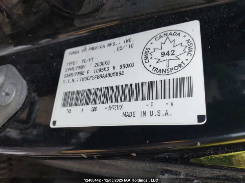 2010 Honda Accord Exl VIN: 1HGCP2F88AA805694 Lot: 12468442