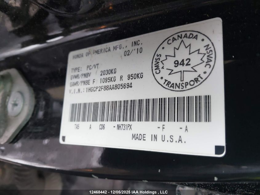 2010 Honda Accord Exl VIN: 1HGCP2F88AA805694 Lot: 12468442