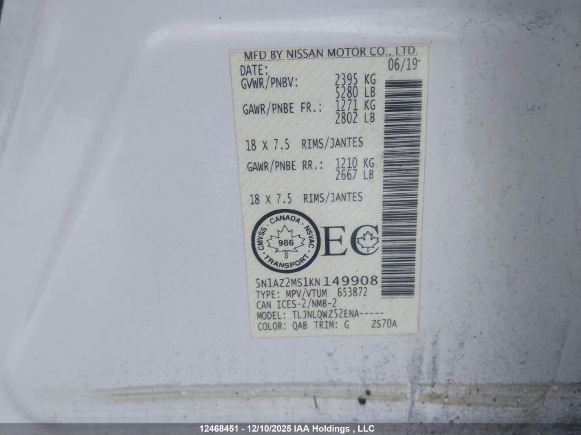 2019 Nissan Murano Platinum/Sl/Sv VIN: 5N1AZ2MS1KN149908 Lot: 12468451