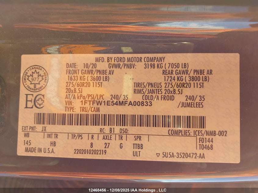 2021 FORD F-150 PICKUP 5.0L V-8 DI, DOHC, VVT, 400HP