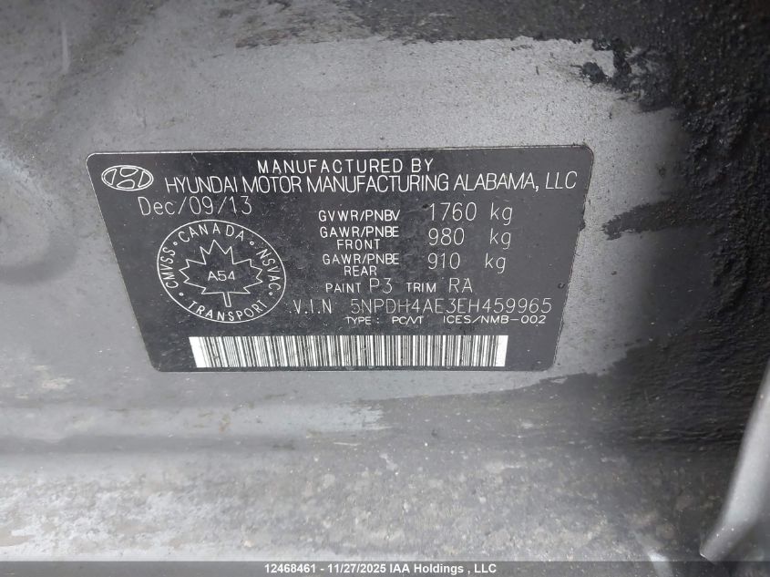 2014 Hyundai Elantra Se/Sport/Limited VIN: 5NPDH4AE3EH459965 Lot: 12468461