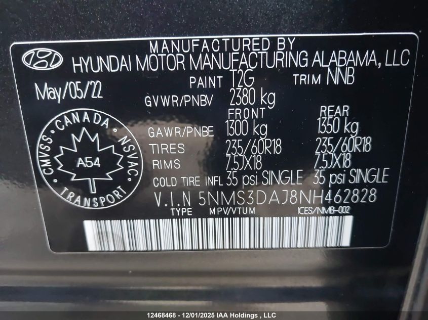 2022 Hyundai Santa Fe Sel VIN: 5NMS3DAJ8NH462828 Lot: 12468468