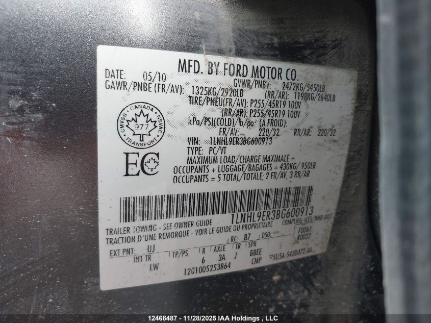 2011 Lincoln Mks VIN: 1LNHL9ER3BG600913 Lot: 12468487