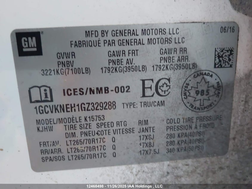 2016 Chevrolet Silverado K1500/K1500 Ls VIN: 1GCVKNEH1GZ329288 Lot: 12468498