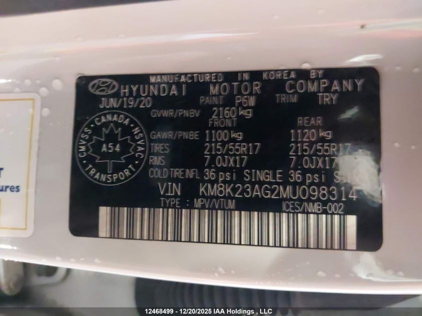 2021 Hyundai Kona Sel VIN: KM8K23AG2MU098314 Lot: 12468499