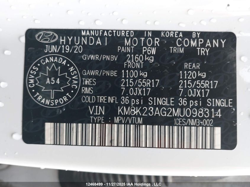 2021 Hyundai Kona Sel VIN: KM8K23AG2MU098314 Lot: 12468499