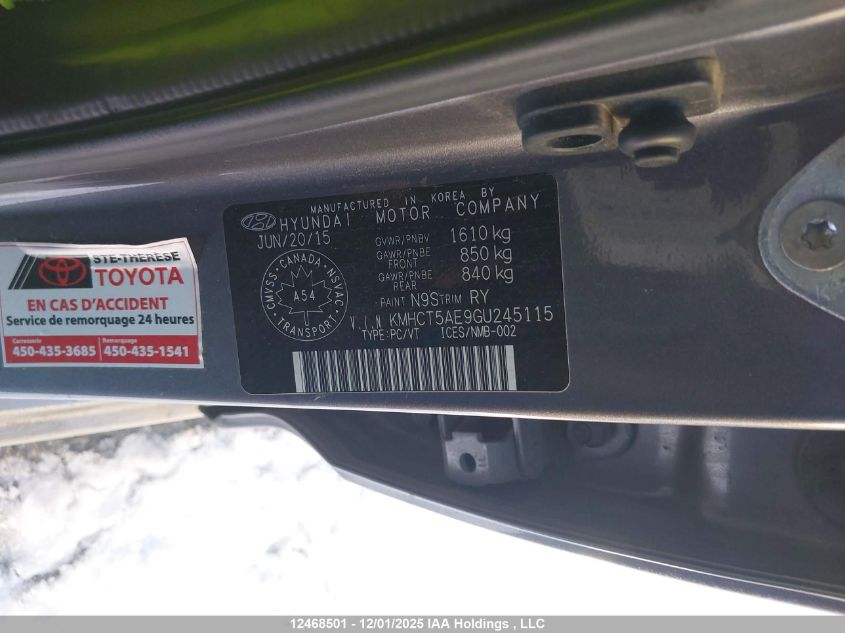 2016 Hyundai Accent Se VIN: KMHCT5AE9GU245115 Lot: 12468501