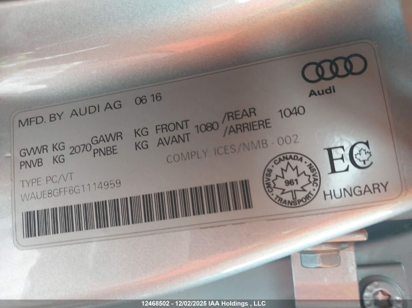 2016 Audi A3 2.0T Progressiv VIN: WAUE8GFF6G1114959 Lot: 12468502