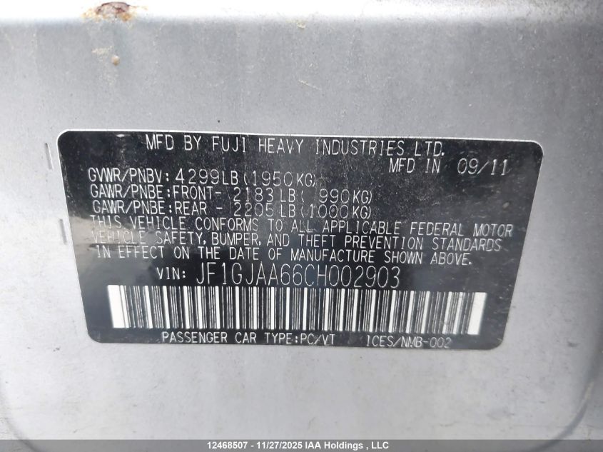 2012 Subaru Impreza VIN: JF1GJAA66CH002903 Lot: 12468507