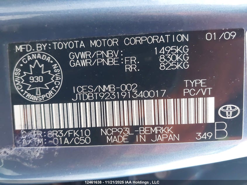 2009 Toyota Yaris VIN: JTDBT923191340017 Lot: 12461638X