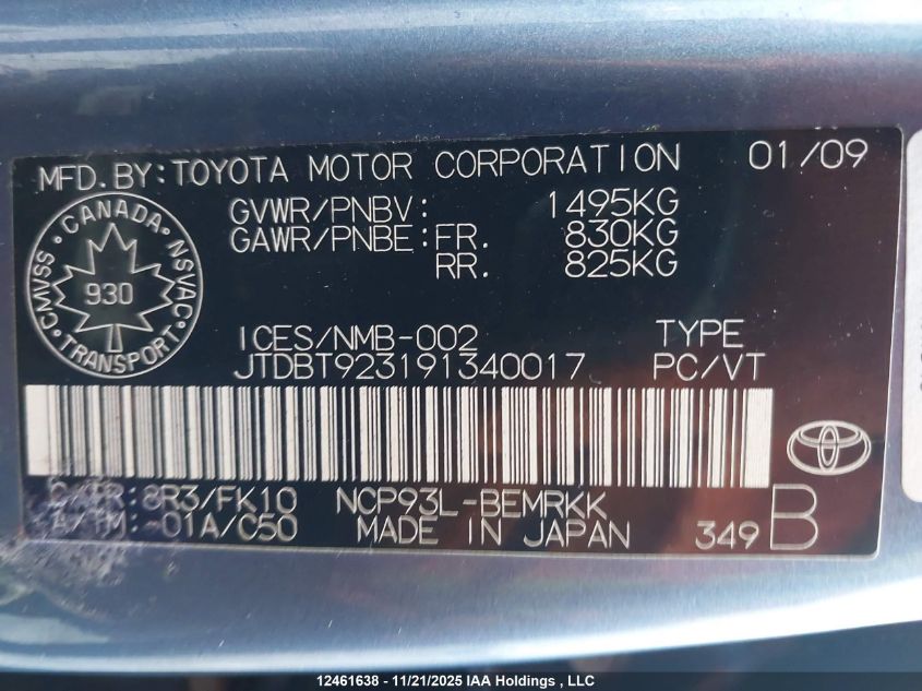 2009 Toyota Yaris VIN: JTDBT923191340017 Lot: 12461638X