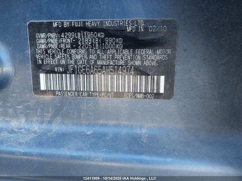 2010 Subaru Impreza 2.5 I/2.5 I Sport Package VIN: JF1GE6A65AH514974 Lot: 12411808X