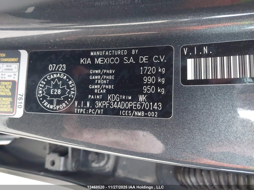 2023 Kia Forte Ex/Ex Premium/Ex+/Gt-Line VIN: 3KPF34AD0PE670143 Lot: 12468520