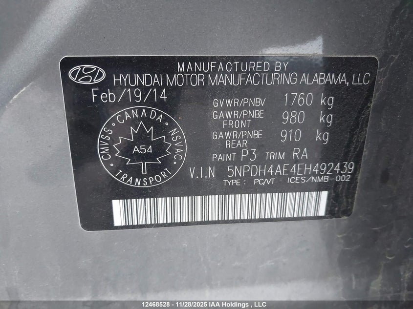 2014 Hyundai Elantra Gl VIN: 5NPDH4AE4EH492439 Lot: 12468528