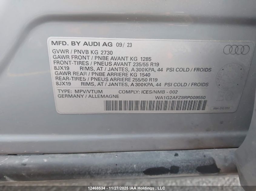 2024 Audi Q4 E-Tron 50 VIN: WA1G2AFZ8RP009550 Lot: 12468534