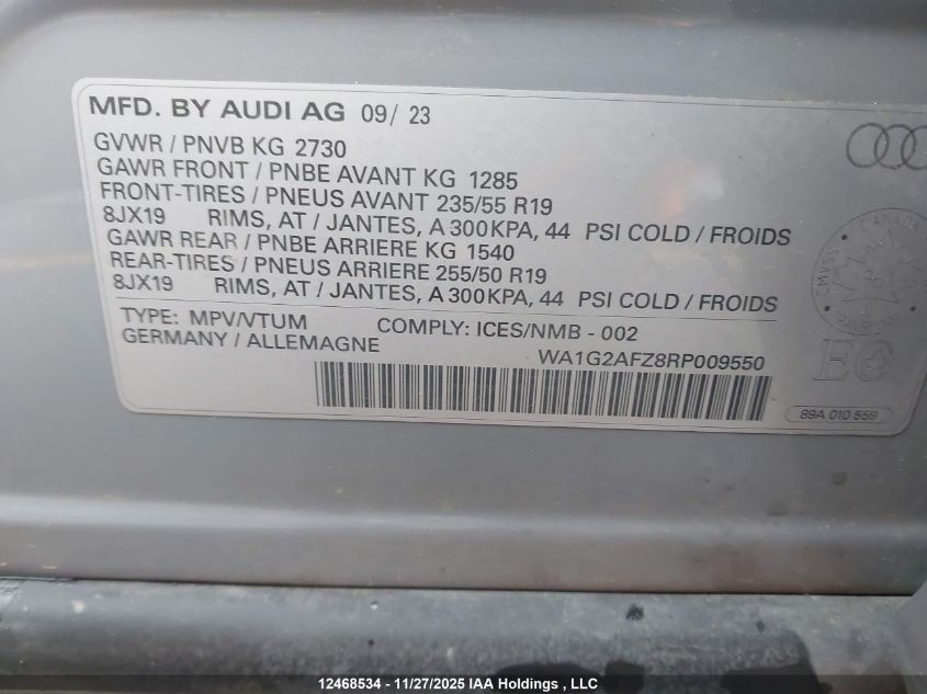 2024 Audi Q4 E-Tron 50 VIN: WA1G2AFZ8RP009550 Lot: 12468534