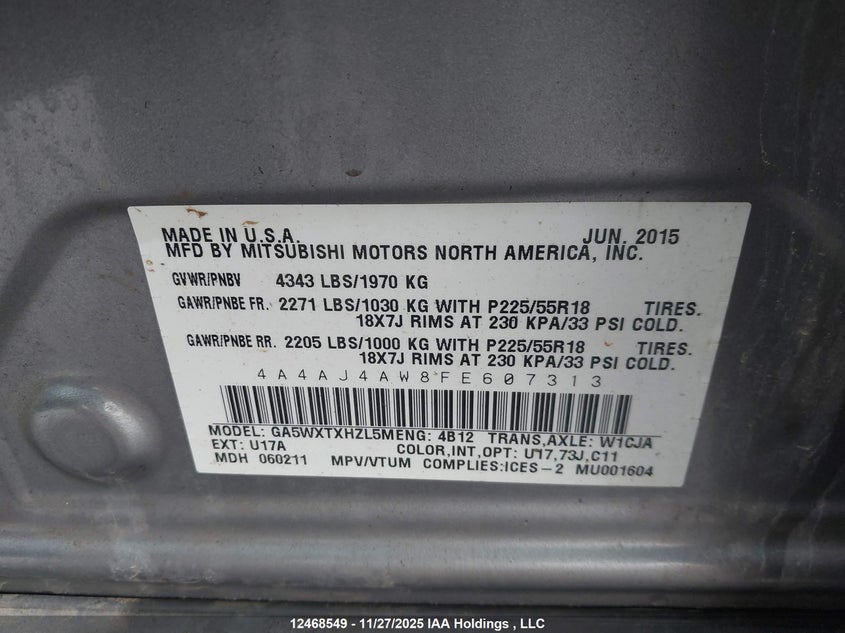 2015 Mitsubishi Rvr Gt VIN: 4A4AJ4AW8FE607313 Lot: 12468549