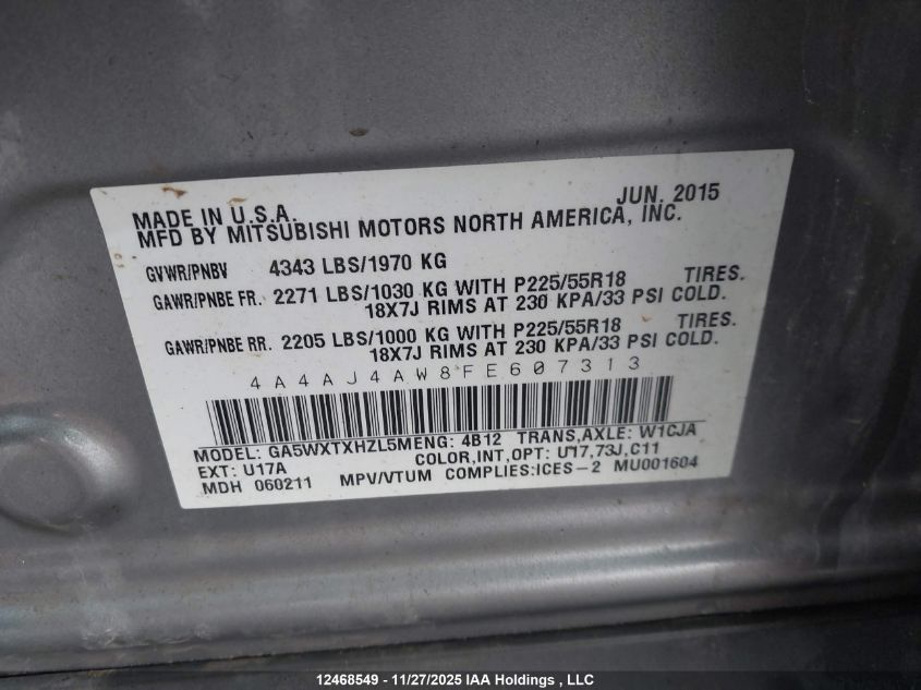 2015 Mitsubishi Rvr Gt VIN: 4A4AJ4AW8FE607313 Lot: 12468549